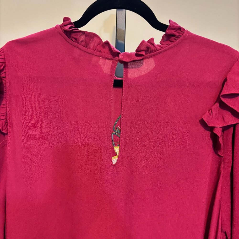 Umgee Burgundy Red Sequin Embroidered Floral Sequin Bird Long Sleeve Dress - Picture 6 of 10